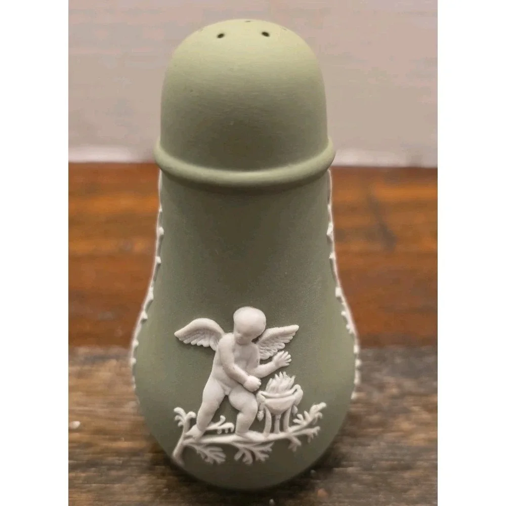 Vintage Wedgwood Jasperware Sage Green Salt & Pepper Shaker Set Cherub England